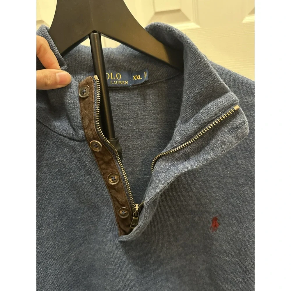 polo ralph lauren mens quarter zip sweater‎ Blue With Brown Elbow Patches XXL - Picture 7 of 12